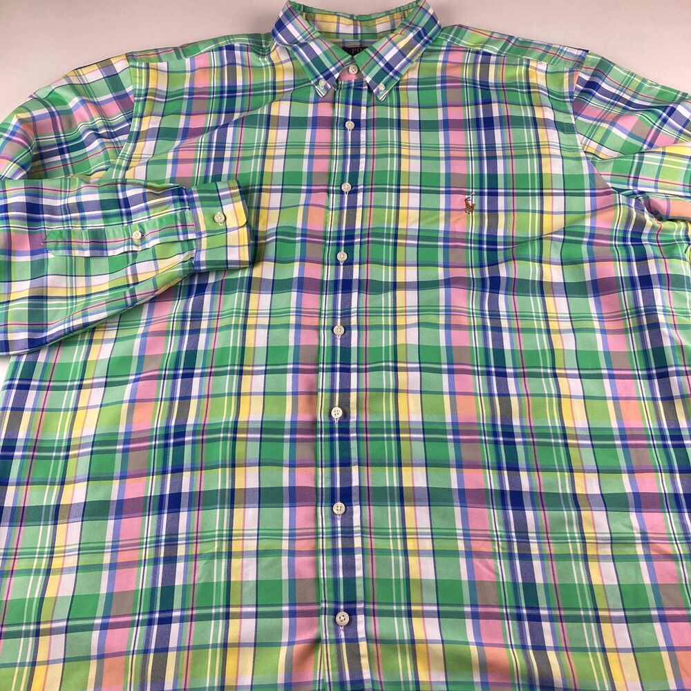 Polo Ralph Lauren Performance Shirt Mens 2XLT Green Madras Plaid Pony